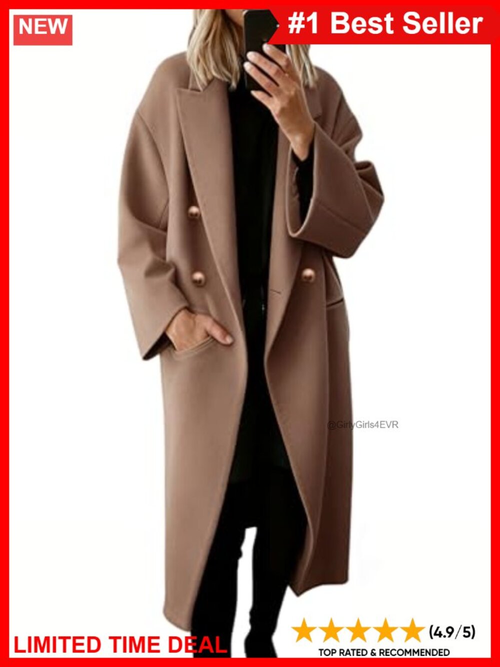 Oversized Double Breasted Wool Blend Notch Lapel Long Coat